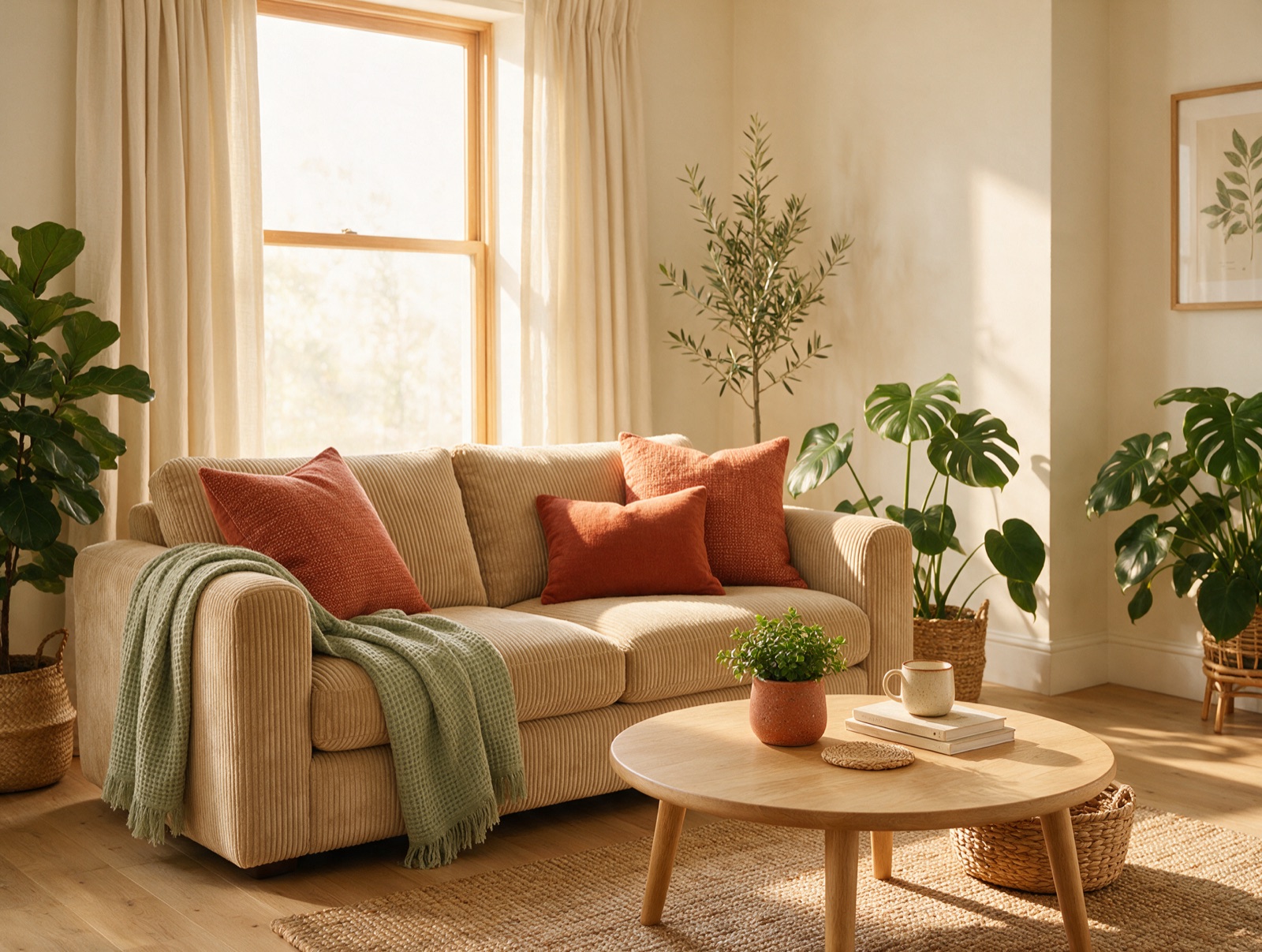 Salon chaleureux avec canapé beige et coussins terracotta