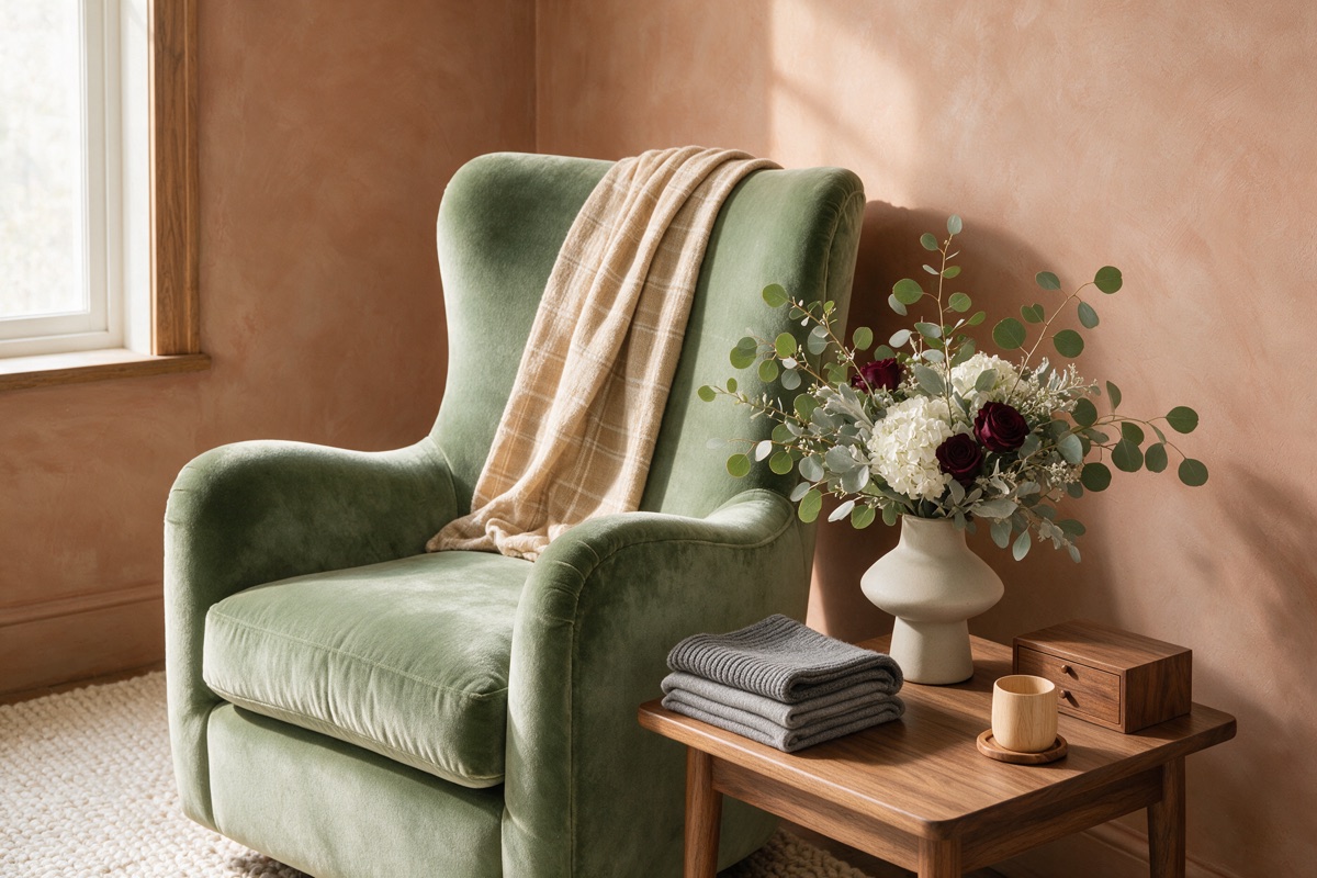 Mur terracotta et fauteuil sauge